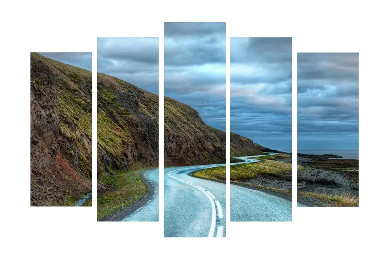 Suuri canvas-taulu, 5 osaa, 105x70 cm - Kaunis rannikkotie mutkittelee dramaattisten maisemien läpi, Harmaa / Vihreä / Sininen