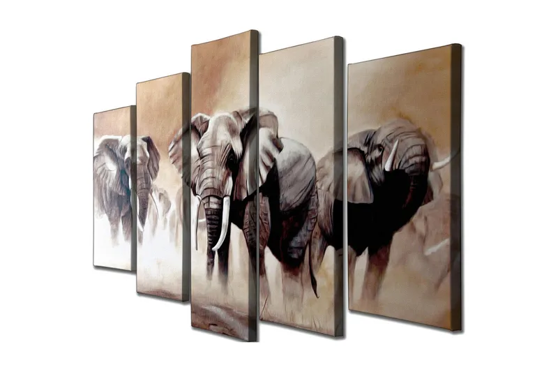 Suuri canvas-taulu, 5 osaa, 105x70 cm - Kolme majesteettista norsua sumuisessa savanniympäristössä, Harmaa / Beige / Ruskea