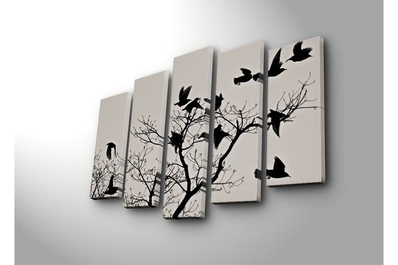 Suuri canvas-taulu, 5 osaa, 105x70 cm - Lintujen siluetit oksalla lentäen - Musta / Harmaa - Sisustustuotteet - Taulu & taide - Canvas-taulu