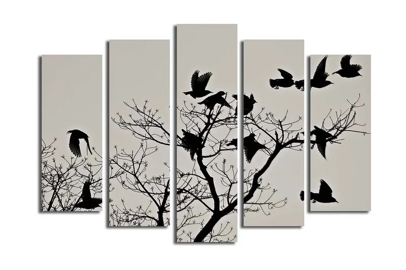 Suuri canvas-taulu, 5 osaa, 105x70 cm - Lintujen siluetit oksalla lentäen - Musta / Harmaa - Sisustustuotteet - Taulu & taide - Canvas-taulu