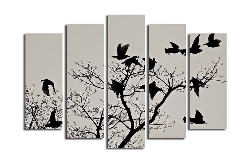 Suuri canvas-taulu, 5 osaa, 105x70 cm - Lintujen siluetit oksalla lentäen - Musta / Harmaa - Sisustustuotteet - Taulu & taide - Canvas-taulu
