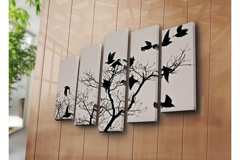 Suuri canvas-taulu, 5 osaa, 105x70 cm - Lintujen siluetit oksalla lentäen - Musta / Harmaa - Sisustustuotteet - Taulu & taide - Canvas-taulu