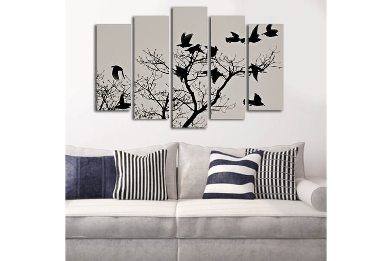 Suuri canvas-taulu, 5 osaa, 105x70 cm - Lintujen siluetit oksalla lentäen - Musta / Harmaa - Sisustustuotteet - Taulu & taide - Canvas-taulu