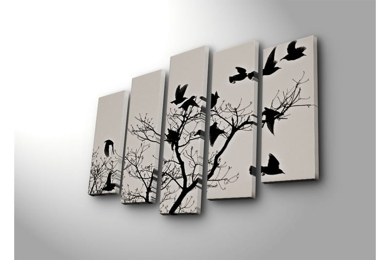 Suuri canvas-taulu, 5 osaa, 105x70 cm - Lintujen siluetit oksalla lentäen - Musta / Harmaa - Sisustustuotteet - Taulu & taide - Canvas-taulu