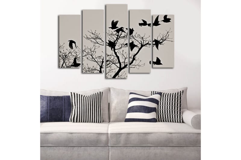 Suuri canvas-taulu, 5 osaa, 105x70 cm - Lintujen siluetit oksalla lentäen - Musta / Harmaa - Sisustustuotteet - Taulu & taide - Canvas-taulu