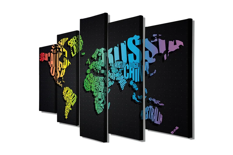 Suuri canvas-taulu, 5 osaa, 105x70 cm - Maailmankartta, luotu sanoista ja maiden nimistä, Vihreä / Sininen / Oranssi
