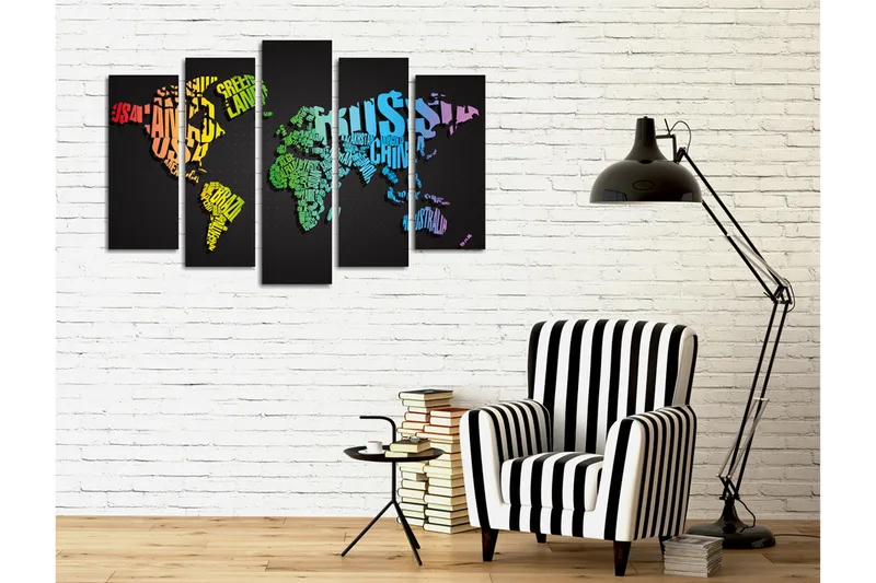 Suuri canvas-taulu, 5 osaa, 105x70 cm - Maailmankartta, luotu sanoista ja maiden nimistä - Vihreä / Sininen / Oranssi - Sisustustuotteet - Taulu & taide - Canvas-taulu