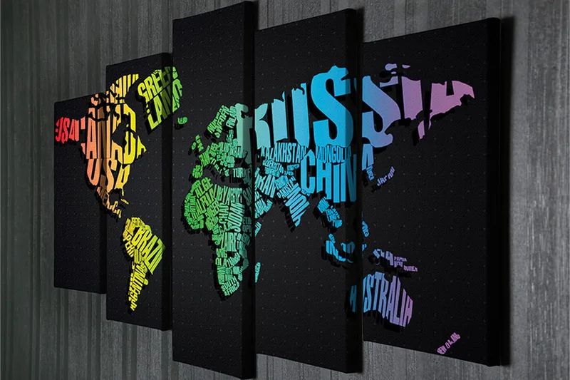 Suuri canvas-taulu, 5 osaa, 105x70 cm - Maailmankartta, luotu sanoista ja maiden nimistä - Vihreä / Sininen / Oranssi - Sisustustuotteet - Taulu & taide - Canvas-taulu