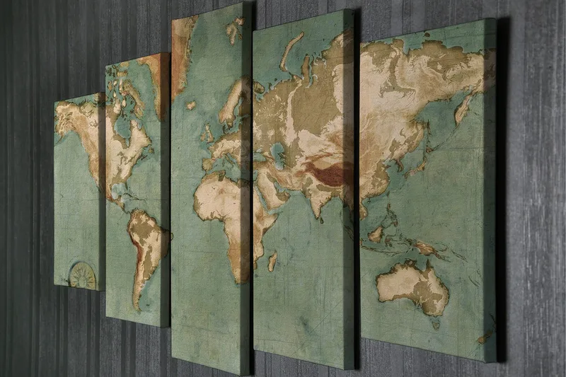 Suuri canvas-taulu, 5 osaa, 105x70 cm - Maailmankartta vintage-henkisellä kuosilla - Vihreä / Beige / Ruskea - Sisustustuotteet - Taulu & taide - Canvas-taulu