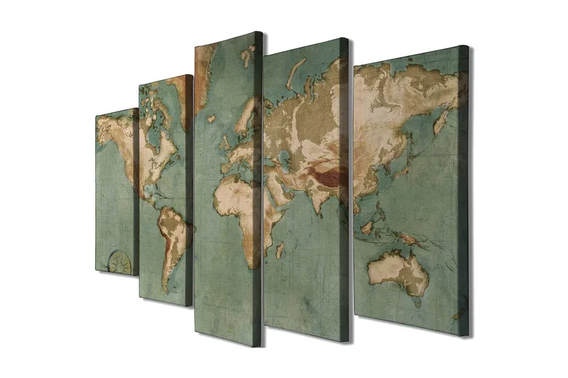 Suuri canvas-taulu, 5 osaa, 105x70 cm - Maailmankartta vintage-henkisellä kuosilla - Vihreä / Beige / Ruskea - Sisustustuotteet - Taulu & taide - Canvas-taulu