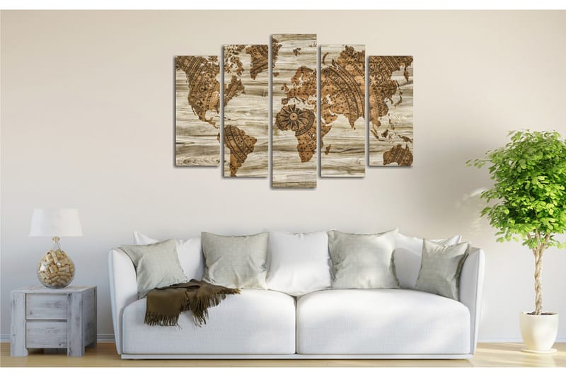 Suuri canvas-taulu, 5 osaa, 105x70 cm - Maailmankartta vintage-tyyliin yksityiskohtaisella kartoituksella - Ruskea / Beige - Sisustustuotteet - Taulu & taide - Canvas-taulu