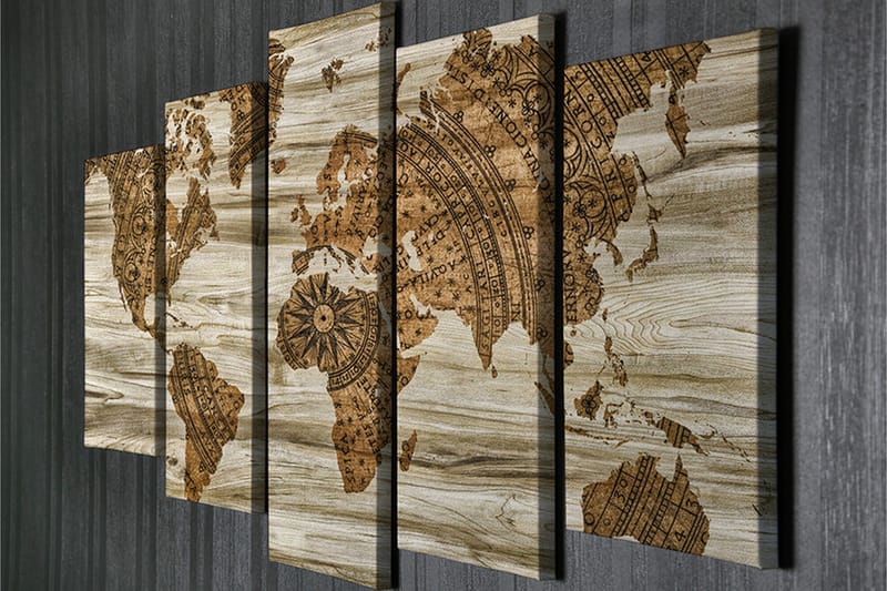 Suuri canvas-taulu, 5 osaa, 105x70 cm - Maailmankartta vintage-tyyliin yksityiskohtaisella kartoituksella - Ruskea / Beige - Sisustustuotteet - Taulu & taide - Canvas-taulu