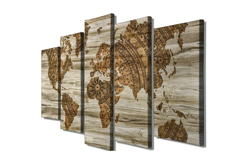 Suuri canvas-taulu, 5 osaa, 105x70 cm - Maailmankartta vintage-tyyliin yksityiskohtaisella kartoituksella - Ruskea / Beige - Sisustustuotteet - Taulu & taide - Canvas-taulu