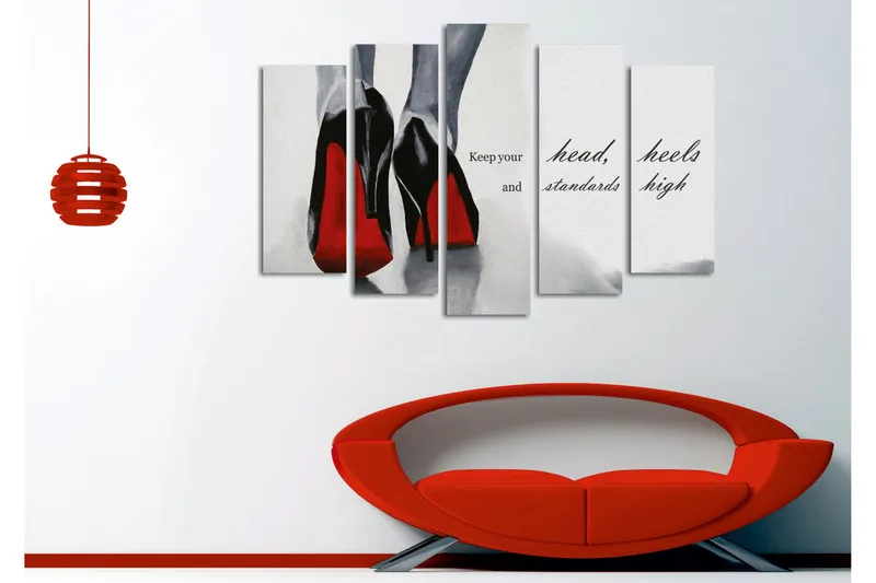 Suuri canvas-taulu, 5 osaa, 105x70 cm - Mustat korkokengät punaisilla yksityiskohdilla - Musta / Punainen / Harmaa - Sisustustuotteet - Taulu & taide - Canvas-taulu