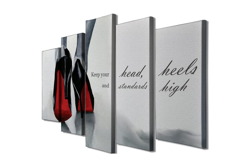 Suuri canvas-taulu, 5 osaa, 105x70 cm - Mustat korkokengät punaisilla yksityiskohdilla - Musta / Punainen / Harmaa - Sisustustuotteet - Taulu & taide - Canvas-taulu