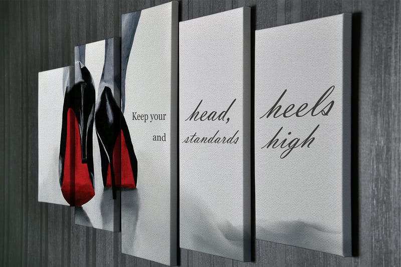 Suuri canvas-taulu, 5 osaa, 105x70 cm - Mustat korkokengät punaisilla yksityiskohdilla - Musta / Punainen / Harmaa - Sisustustuotteet - Taulu & taide - Canvas-taulu