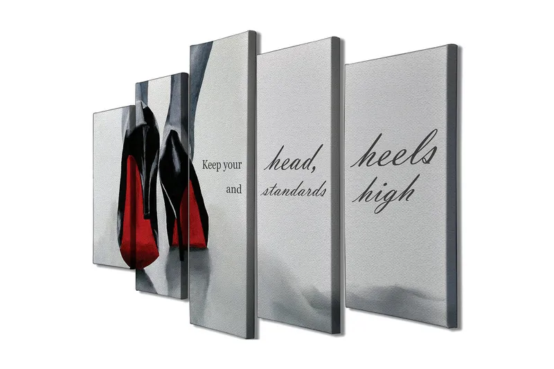 Suuri canvas-taulu, 5 osaa, 105x70 cm - Mustat korkokengät punaisilla yksityiskohdilla - Musta / Punainen / Harmaa - Sisustustuotteet - Taulu & taide - Canvas-taulu