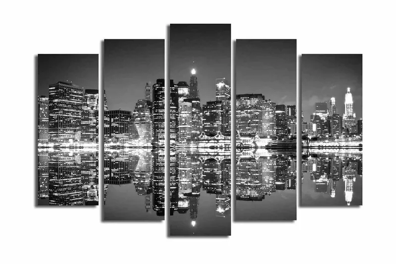 Suuri canvas-taulu, 5 osaa, 105x70 cm - mustavalkoinen kaupunkikuva ja heijastukset vedessä, Musta / Valkoinen / Harmaa