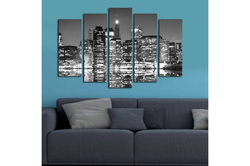 Suuri canvas-taulu, 5 osaa, 105x70 cm - mustavalkoinen kaupunkikuva ja heijastukset vedessä - Musta / Valkoinen / Harmaa - Sisustustuotteet - Taulu & taide - Canvas-taulu
