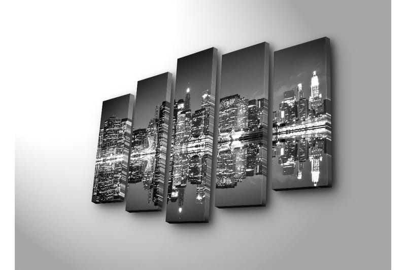Suuri canvas-taulu, 5 osaa, 105x70 cm - mustavalkoinen kaupunkikuva ja heijastukset vedessä - Musta / Valkoinen / Harmaa - Sisustustuotteet - Taulu & taide - Canvas-taulu