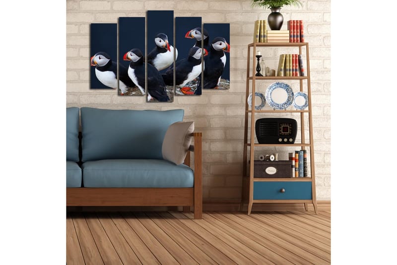 Suuri canvas-taulu, 5 osaa, 105x70 cm - Ryhmä lunneja kallion reunalla - Musta / Valkoinen / Oranssi - Sisustustuotteet - Taulu & taide - Canvas-taulu