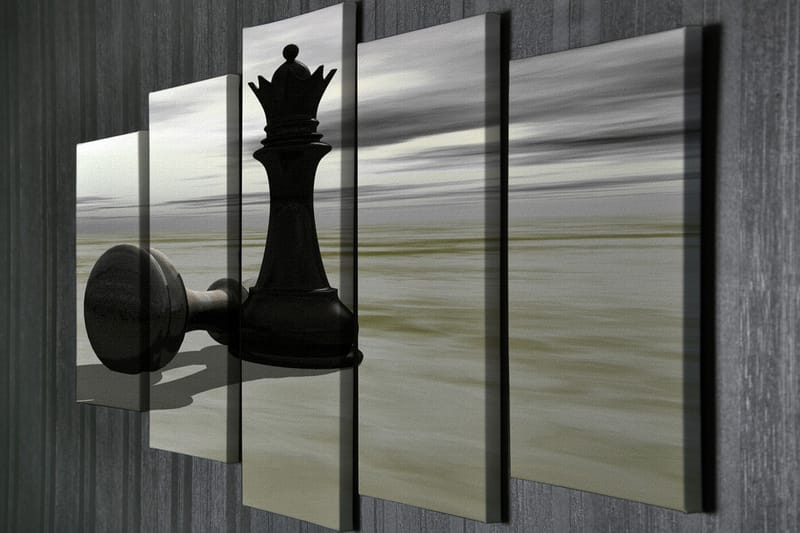 Suuri canvas-taulu, 5 osaa, 105x70 cm - Shakkinappula siluettina dramaattisella taustalla - Musta / Harmaa / Beige - Sisustustuotteet - Taulu & taide - Canvas-taulu
