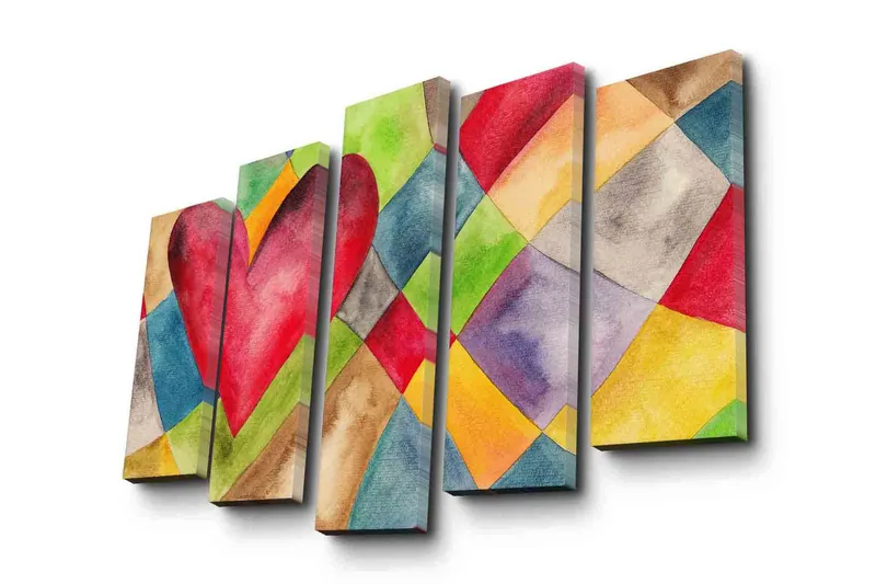 Suuri canvas-taulu, 5 osaa, 105x70 cm - Suuri, värikäs sydän geometrisessa sommitelmassa, Punainen / Vihreä / Sininen
