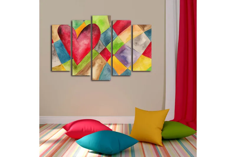 Suuri canvas-taulu, 5 osaa, 105x70 cm - Suuri, värikäs sydän geometrisessa sommitelmassa - Punainen / Vihreä / Sininen - Sisustustuotteet - Taulu & taide - Canvas-taulu
