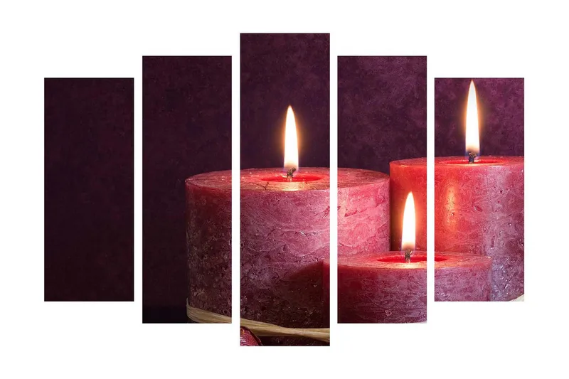 Suuri canvas-taulu, 5 osaa, 105x70 cm - Sytytä kynttilöitä eri kokoisina, Tummanpunainen / Vaaleanpunainen / Kulta