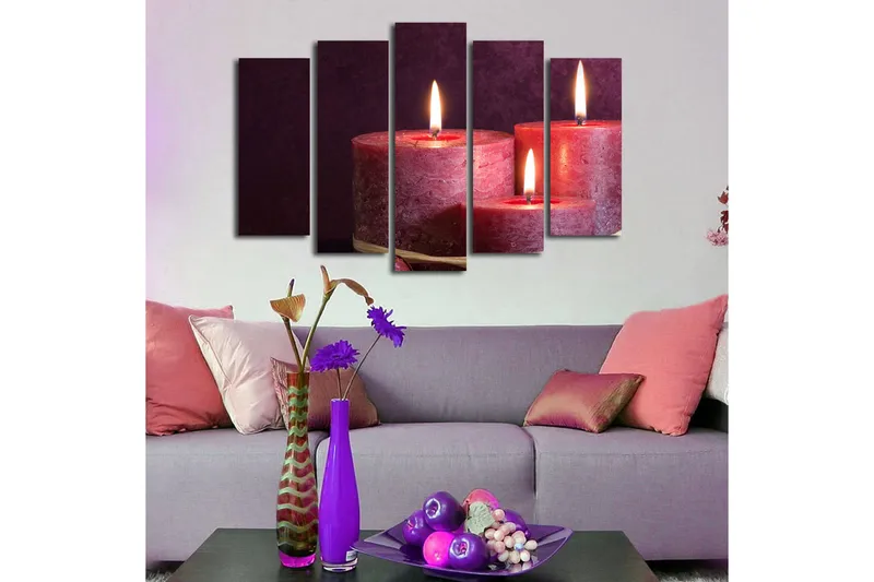 Suuri canvas-taulu, 5 osaa, 105x70 cm - Sytytä kynttilöitä eri kokoisina - Tummanpunainen / Vaaleanpunainen / Kulta - Sisustustuotteet - Taulu & taide - Canvas-taulu