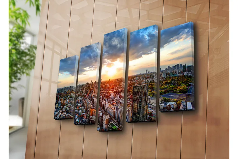 Suuri canvas-taulu, 5 osaa, 105x70 cm - Upea kaupunkinäkymä auringonlaskun aikaan - Oranssi / Sininen / Vihreä - Sisustustuotteet - Taulu & taide - Canvas-taulu