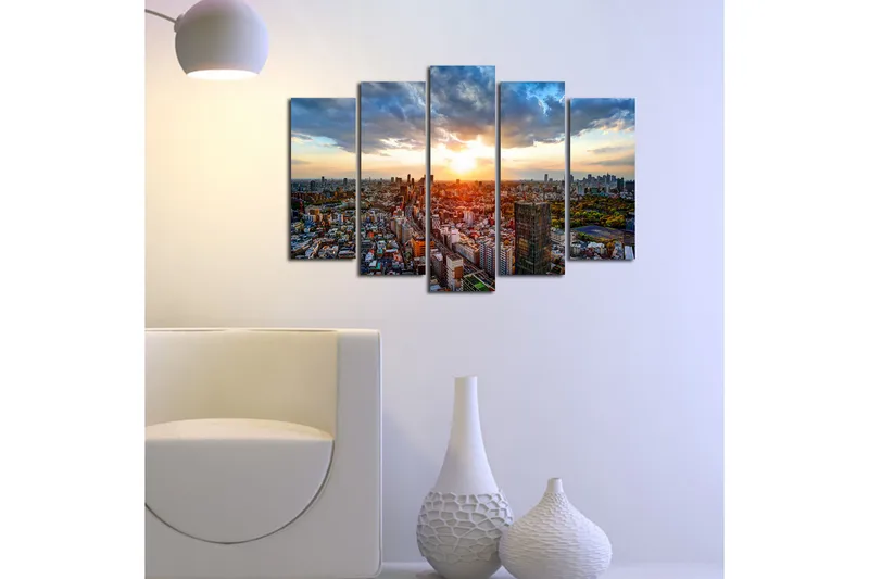 Suuri canvas-taulu, 5 osaa, 105x70 cm - Upea kaupunkinäkymä auringonlaskun aikaan - Oranssi / Sininen / Vihreä - Sisustustuotteet - Taulu & taide - Canvas-taulu
