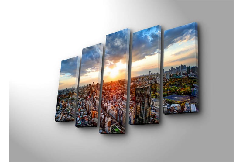 Suuri canvas-taulu, 5 osaa, 105x70 cm - Upea kaupunkinäkymä auringonlaskun aikaan - Oranssi / Sininen / Vihreä - Sisustustuotteet - Taulu & taide - Canvas-taulu
