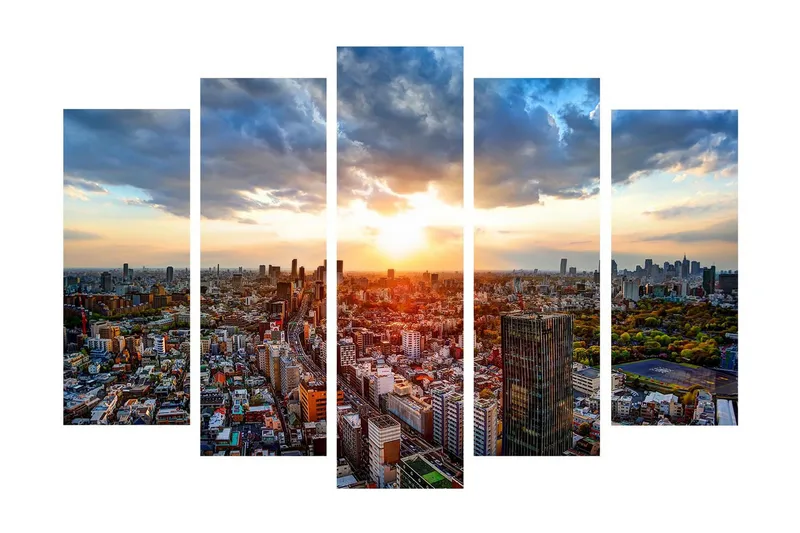 Suuri canvas-taulu, 5 osaa, 105x70 cm - Upea kaupunkinäkymä auringonlaskun aikaan, Oranssi / Sininen / Vihreä