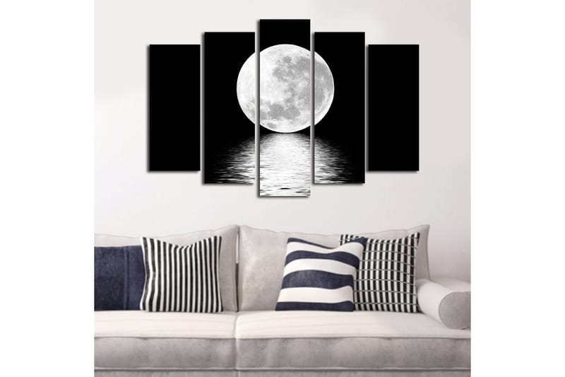 Suuri canvas-taulu, 5 osaa, 105x70 cm - Upea täysikuu heijastuu veden pinnasta - Valkoinen / Musta - Sisustustuotteet - Taulu & taide - Canvas-taulu