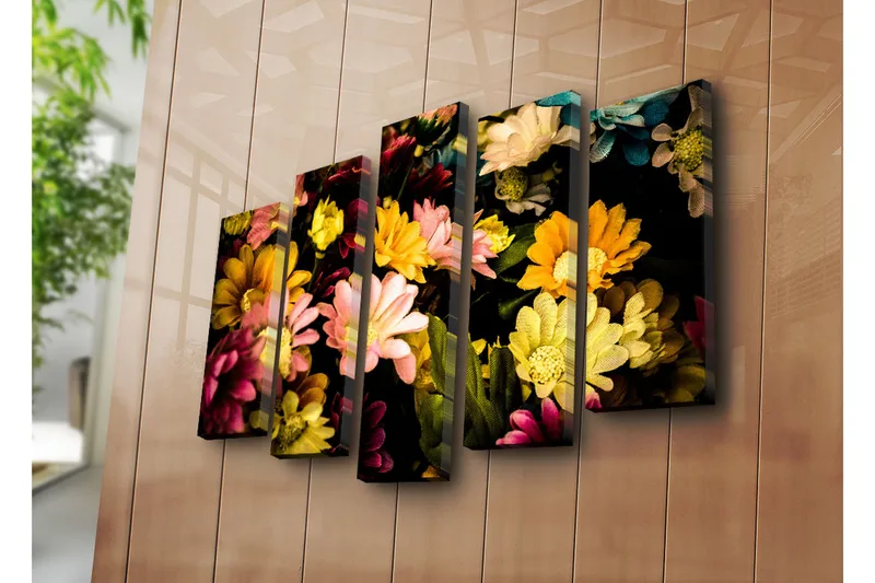 Suuri canvas-taulu, 5 osaa, 105x70 cm - Värikäs kukkakimppu - Keltainen / Vaaleanpunainen / Vihreä - Sisustustuotteet - Taulu & taide - Canvas-taulu