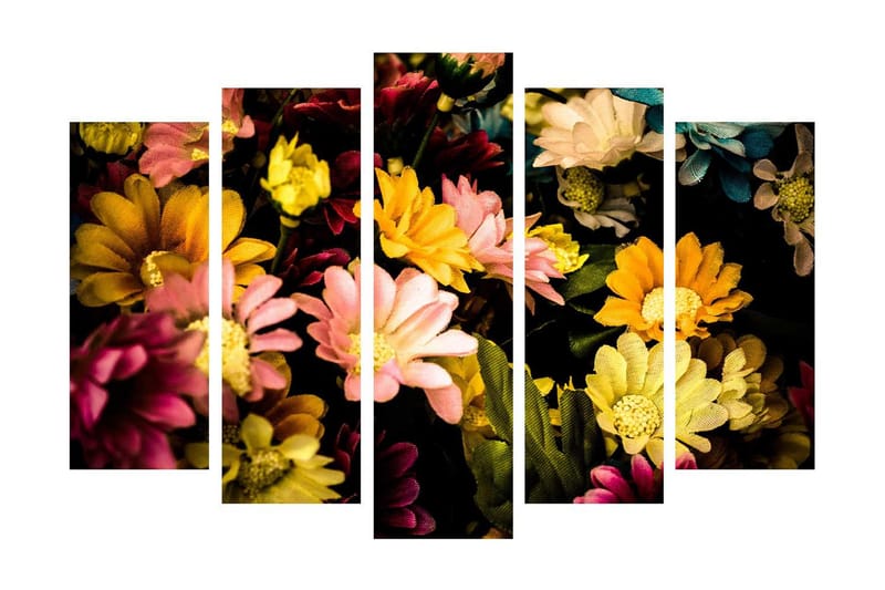 Suuri canvas-taulu, 5 osaa, 105x70 cm - Värikäs kukkakimppu, Keltainen / Vaaleanpunainen / Vihreä