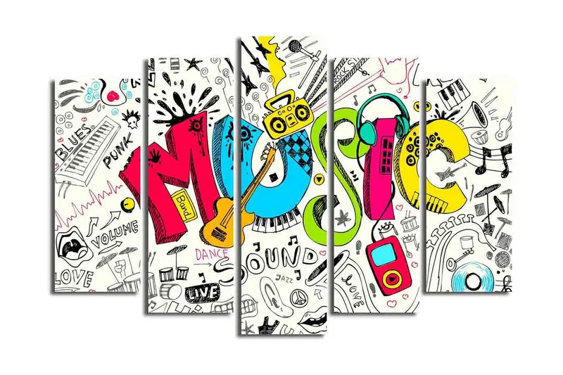 Suuri canvas-taulu, 5 osaa, 105x70 cm - Värikäs musiikkisävellys, jossa on erilaisia musiikkiin liittyviä elementtejä, Sininen / Vaaleanpunainen / Keltainen