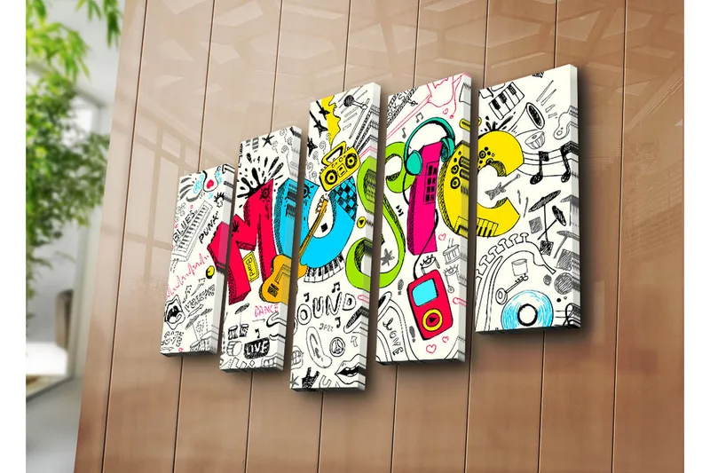 Suuri canvas-taulu, 5 osaa, 105x70 cm - Värikäs musiikkisävellys, jossa on erilaisia musiikkiin liittyviä elementtejä - Sininen / Vaaleanpunainen / Keltainen - Sisustustuotteet - Taulu & taide - Canvas-taulu