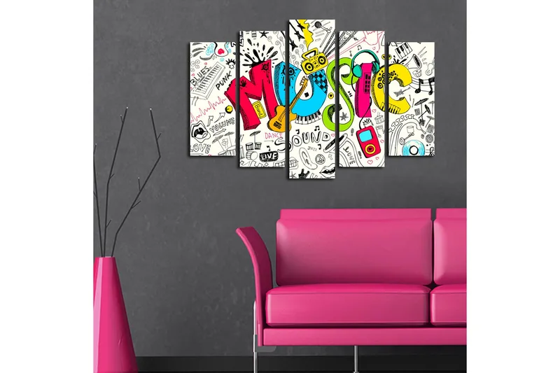 Suuri canvas-taulu, 5 osaa, 105x70 cm - Värikäs musiikkisävellys, jossa on erilaisia musiikkiin liittyviä elementtejä - Sininen / Vaaleanpunainen / Keltainen - Sisustustuotteet - Taulu & taide - Canvas-taulu