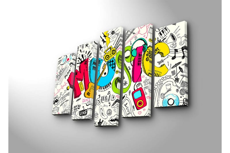 Suuri canvas-taulu, 5 osaa, 105x70 cm - Värikäs musiikkisävellys, jossa on erilaisia musiikkiin liittyviä elementtejä - Sininen / Vaaleanpunainen / Keltainen - Sisustustuotteet - Taulu & taide - Canvas-taulu