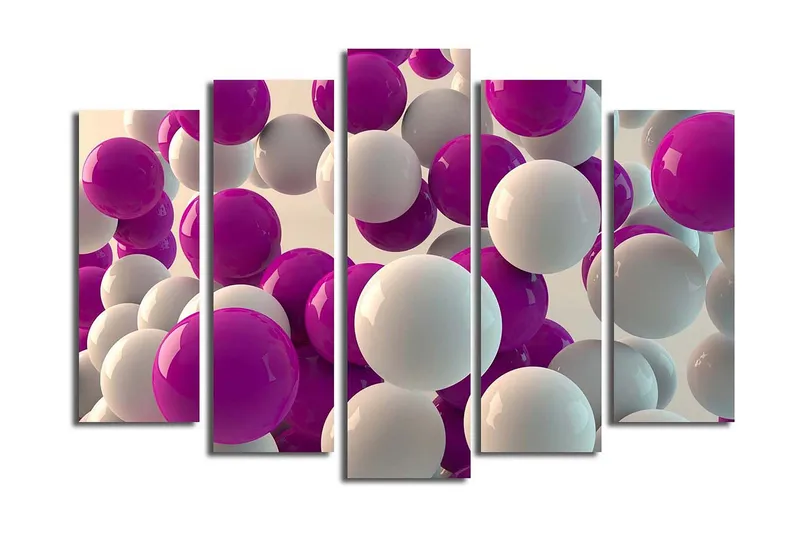 Suuri canvas-taulu, 5 osaa, 105x70 cm - Värikäs sommitelma erikokoisista palloista, Violetti / Valkoinen