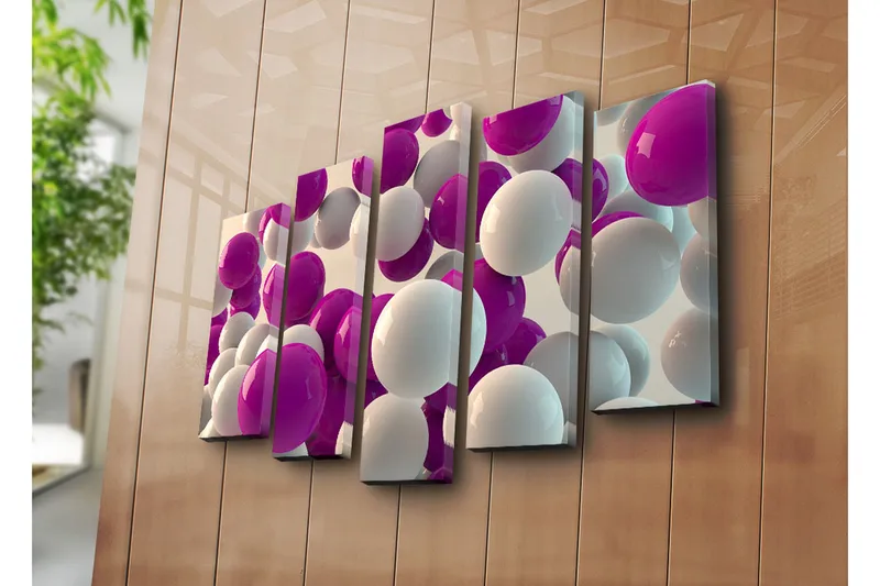 Suuri canvas-taulu, 5 osaa, 105x70 cm - Värikäs sommitelma erikokoisista palloista - Violetti / Valkoinen - Sisustustuotteet - Taulu & taide - Canvas-taulu