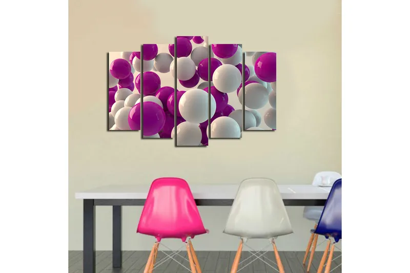 Suuri canvas-taulu, 5 osaa, 105x70 cm - Värikäs sommitelma erikokoisista palloista - Violetti / Valkoinen - Sisustustuotteet - Taulu & taide - Canvas-taulu