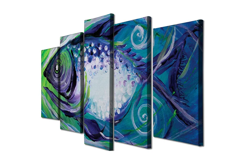 Suuri canvas-taulu, 5 osaa, 105x70 cm - Värikkäitä kaloja abstrakteilla muodoilla, Sininen / Vihreä / Violetti