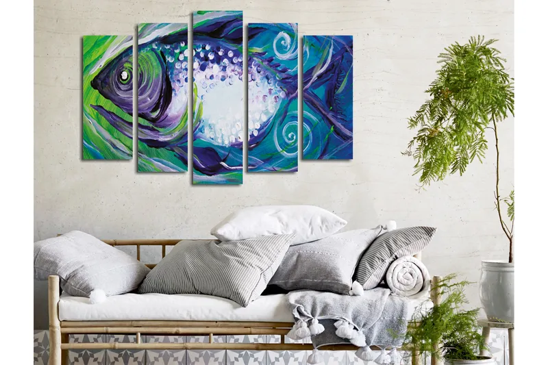 Suuri canvas-taulu, 5 osaa, 105x70 cm - Värikkäitä kaloja abstrakteilla muodoilla - Sininen / Vihreä / Violetti - Sisustustuotteet - Taulu & taide - Canvas-taulu
