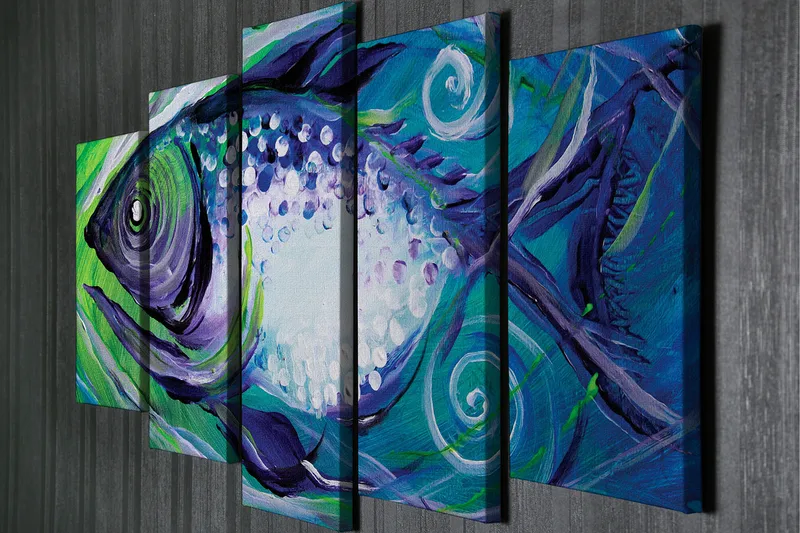 Suuri canvas-taulu, 5 osaa, 105x70 cm - Värikkäitä kaloja abstrakteilla muodoilla - Sininen / Vihreä / Violetti - Sisustustuotteet - Taulu & taide - Canvas-taulu