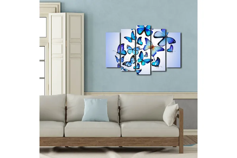 Suuri canvas-taulu, 5 osaa, 105x70 cm - Värikkäitä perhosia eri muodoissa ja kokoisina - Sininen / Turkoosi / Valkoinen - Sisustustuotteet - Taulu & taide - Canvas-taulu