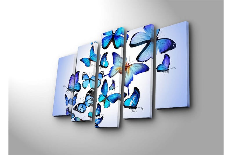 Suuri canvas-taulu, 5 osaa, 105x70 cm - Värikkäitä perhosia eri muodoissa ja kokoisina - Sininen / Turkoosi / Valkoinen - Sisustustuotteet - Taulu & taide - Canvas-taulu