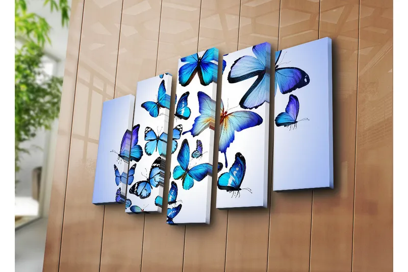 Suuri canvas-taulu, 5 osaa, 105x70 cm - Värikkäitä perhosia eri muodoissa ja kokoisina - Sininen / Turkoosi / Valkoinen - Sisustustuotteet - Taulu & taide - Canvas-taulu